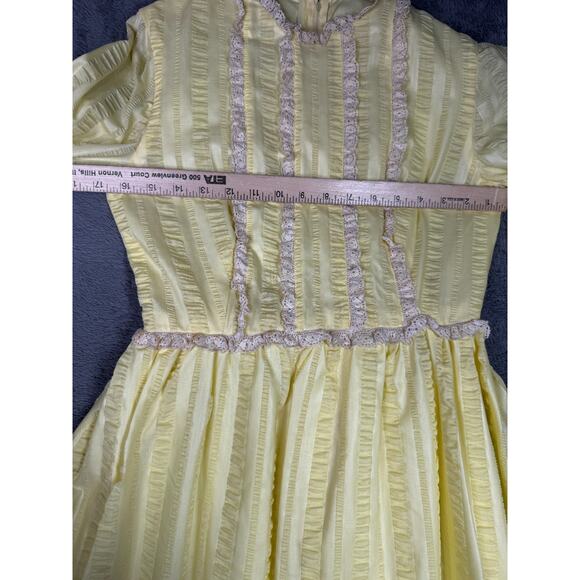 Vintage Prairie Maxi Dress Yellow Lace Trim Long Sleeve Romantic 80s Cottagecore - Picture 6 of 13